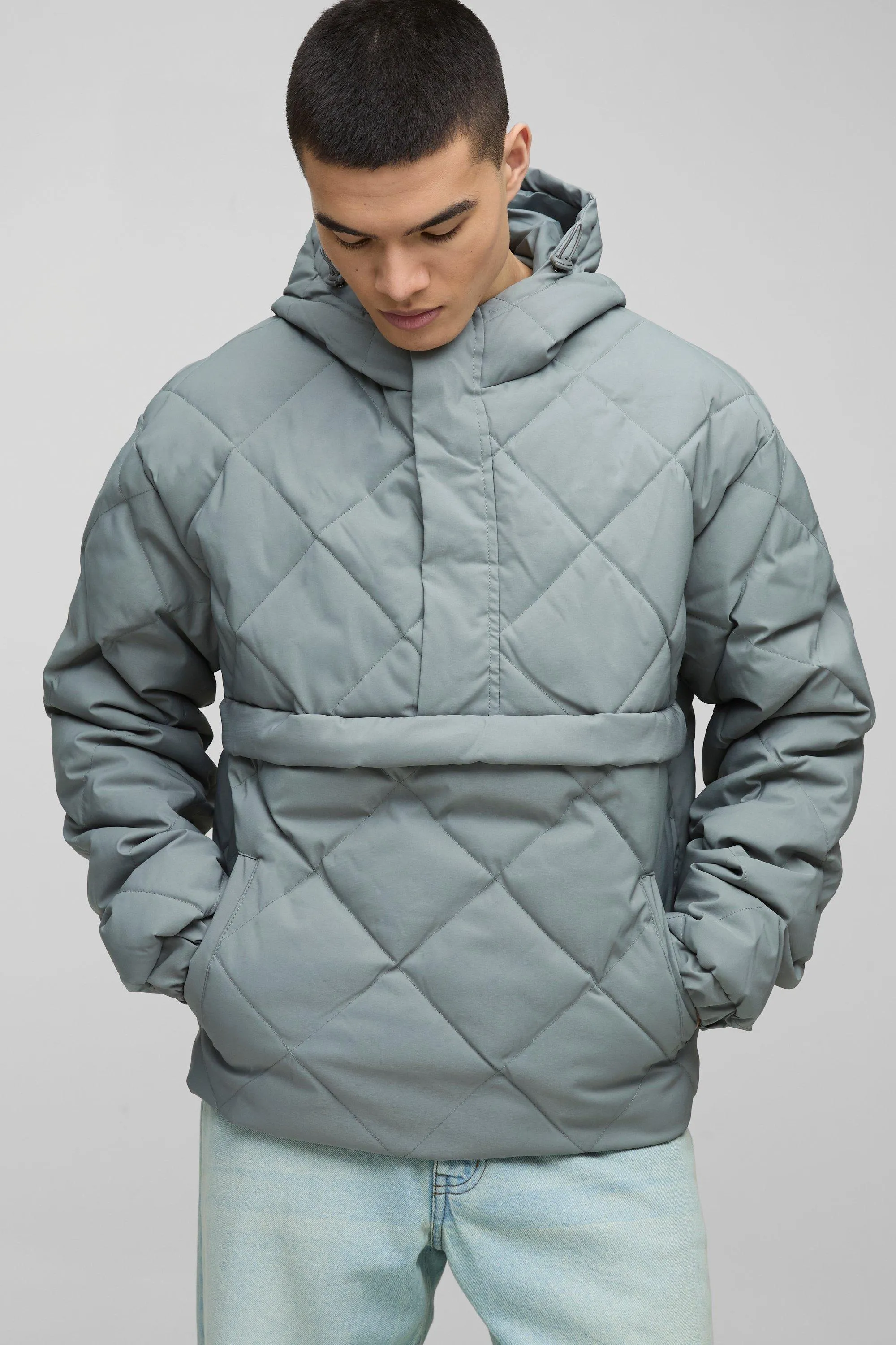 Half Zip Hooded Quilted Puffer Jacket In Slate