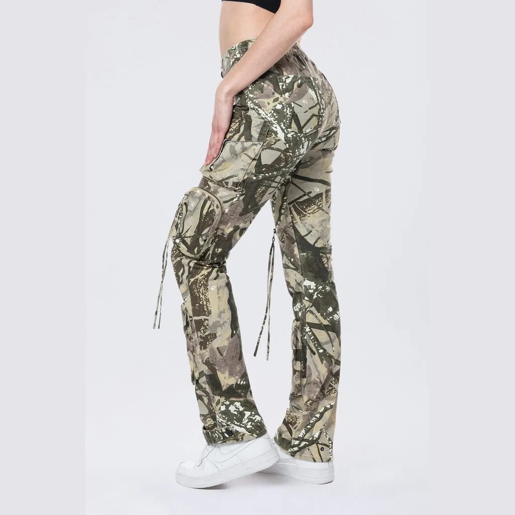 High Rise Straight Leg Utility Cargo Pants - Olive Hunting Camo