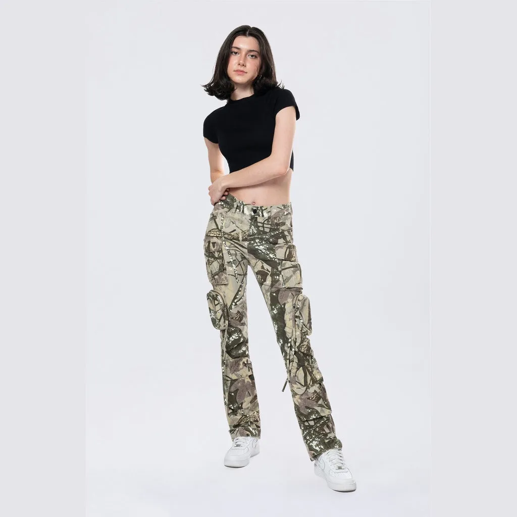 High Rise Straight Leg Utility Cargo Pants - Olive Hunting Camo