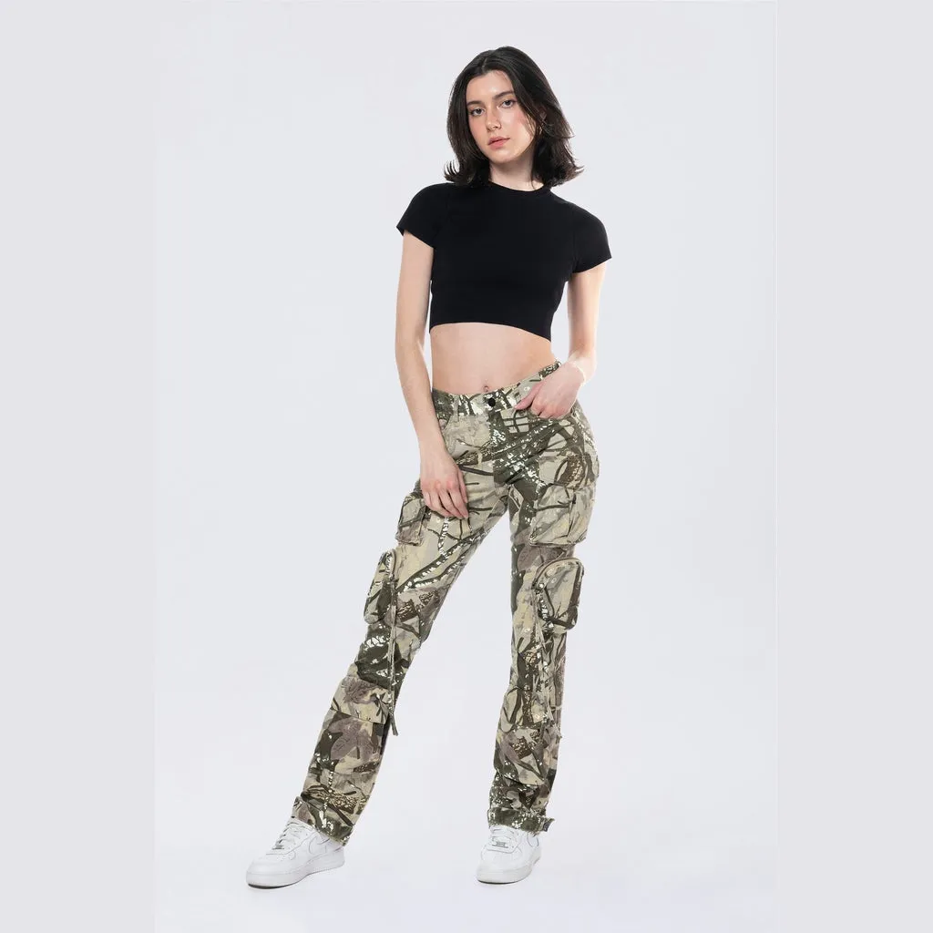 High Rise Straight Leg Utility Cargo Pants - Olive Hunting Camo