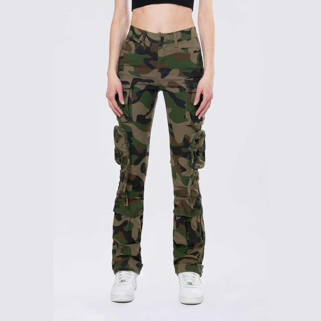 High Rise Straight Leg Utility Cargo Pants - Wood Camo