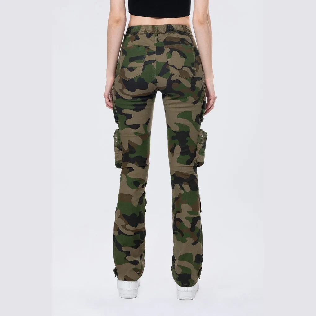 High Rise Straight Leg Utility Cargo Pants - Wood Camo