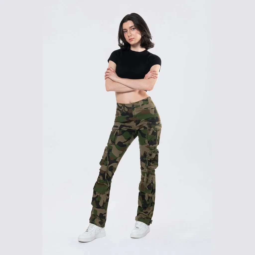 High Rise Straight Leg Utility Cargo Pants - Wood Camo