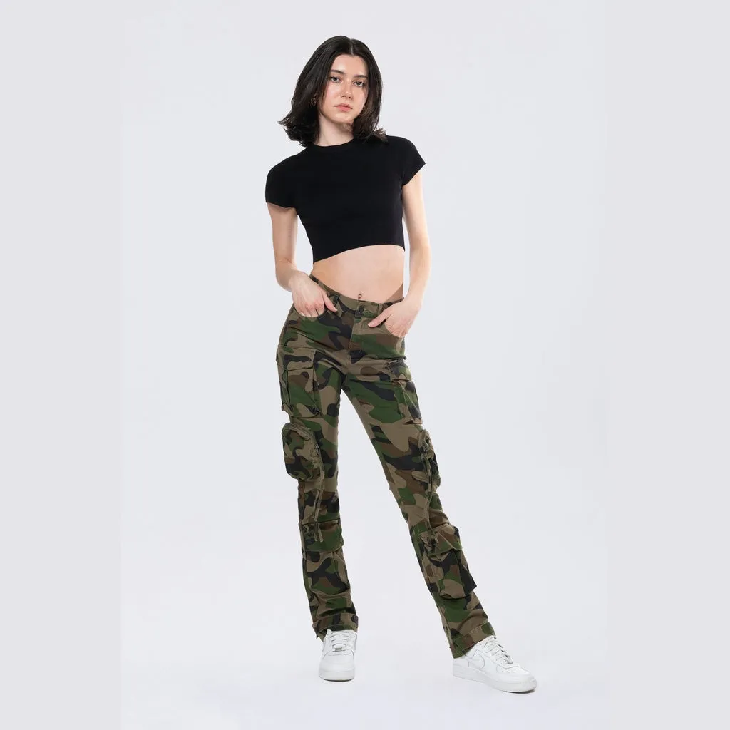 High Rise Straight Leg Utility Cargo Pants - Wood Camo