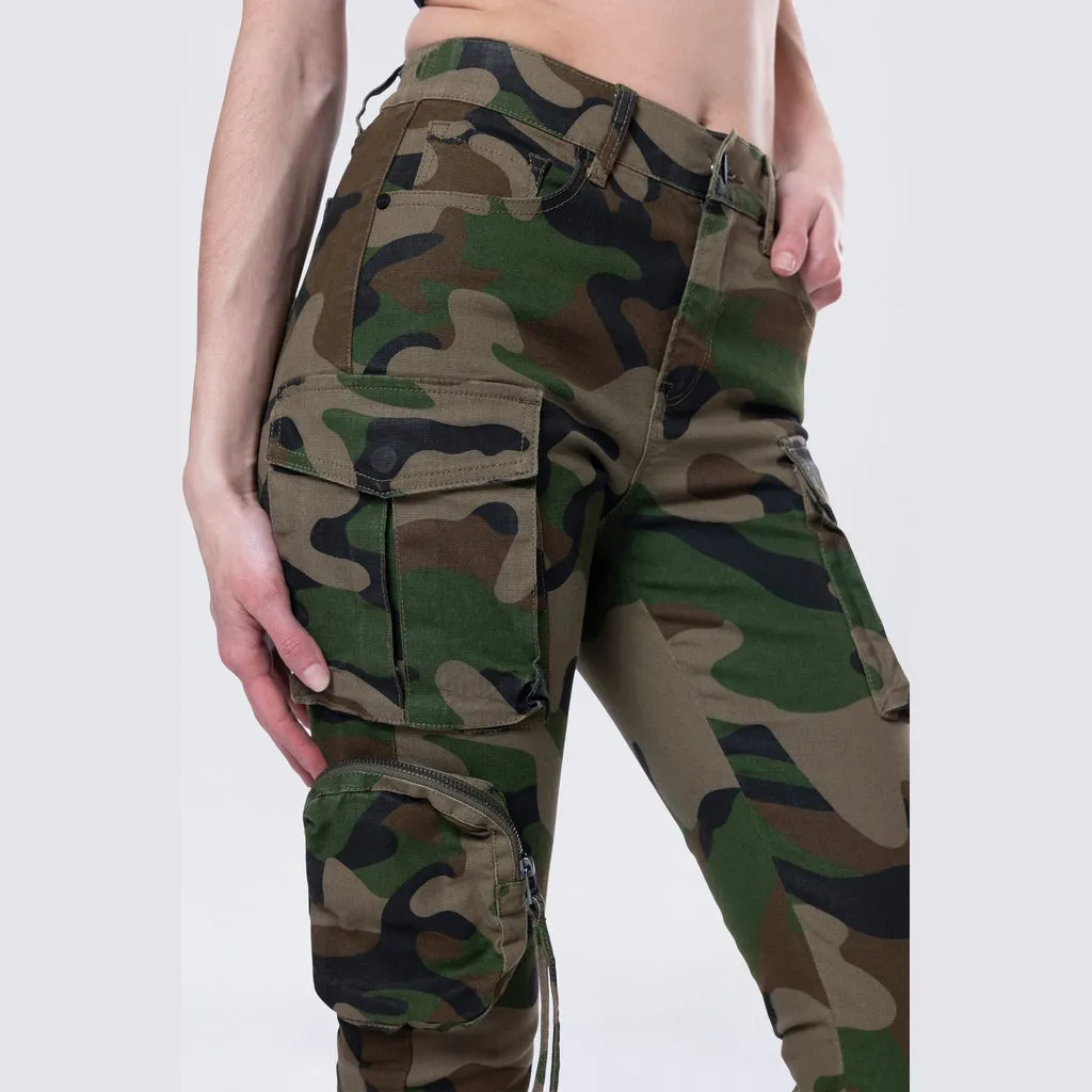 High Rise Straight Leg Utility Cargo Pants - Wood Camo