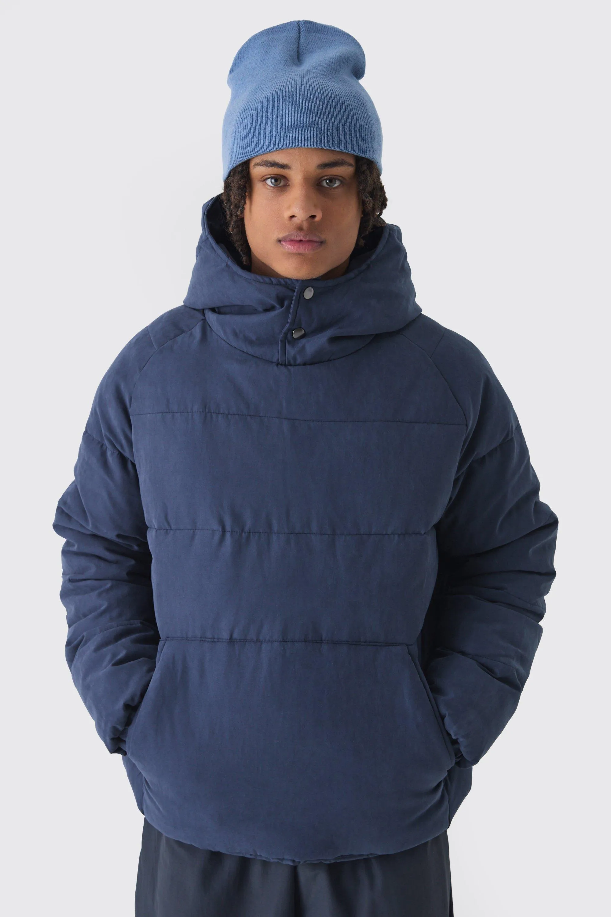 Hooded Pullover Puffer Jacket In Navy