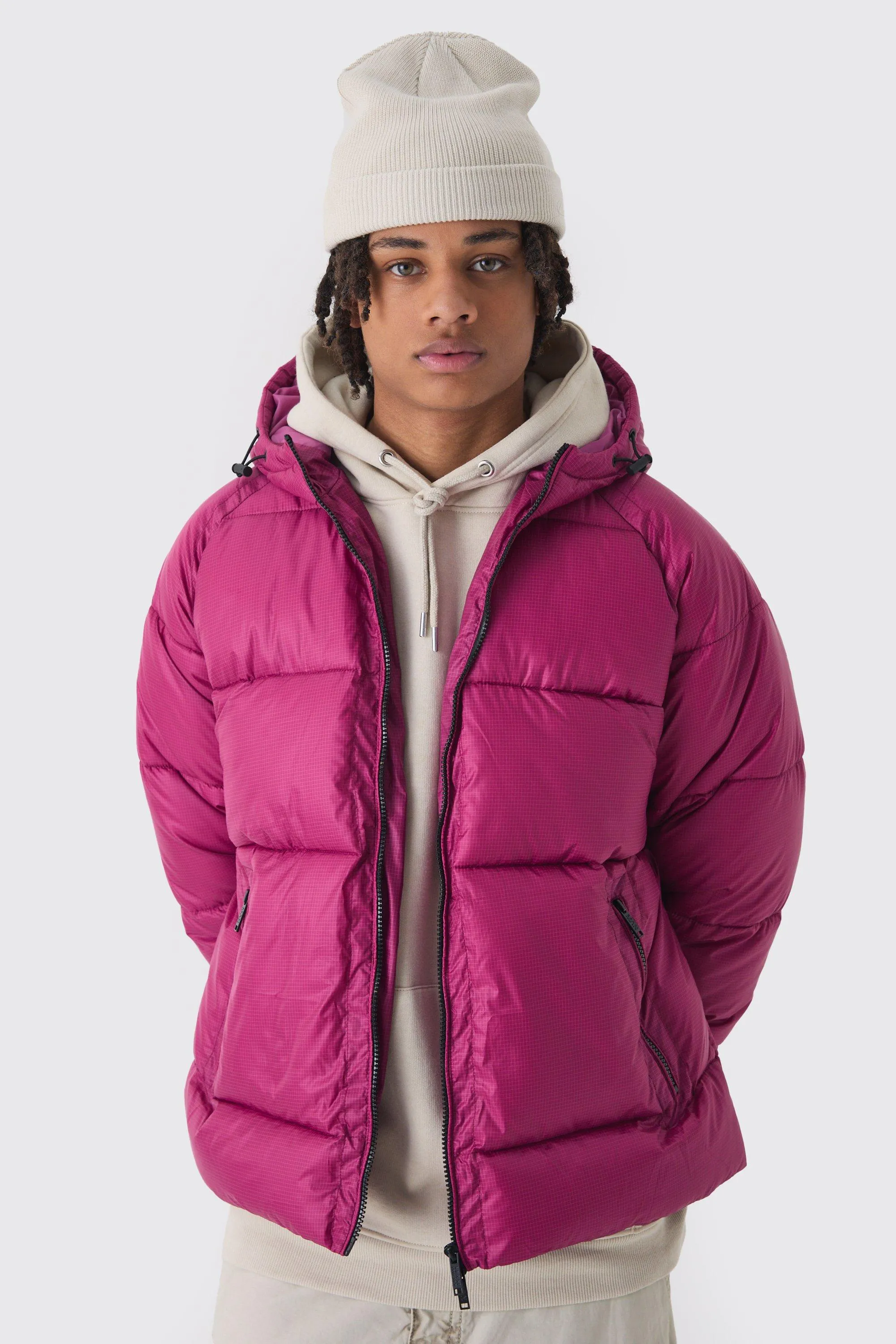 Hooded Ripstop Puffer Jacket In Pink