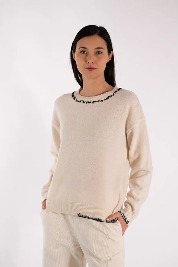 Jeff ERIN CREWNECK STITCHES WHITE SWEATER