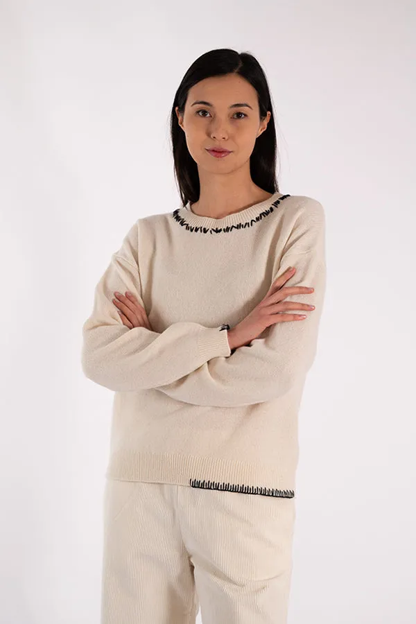 Jeff ERIN CREWNECK STITCHES WHITE SWEATER