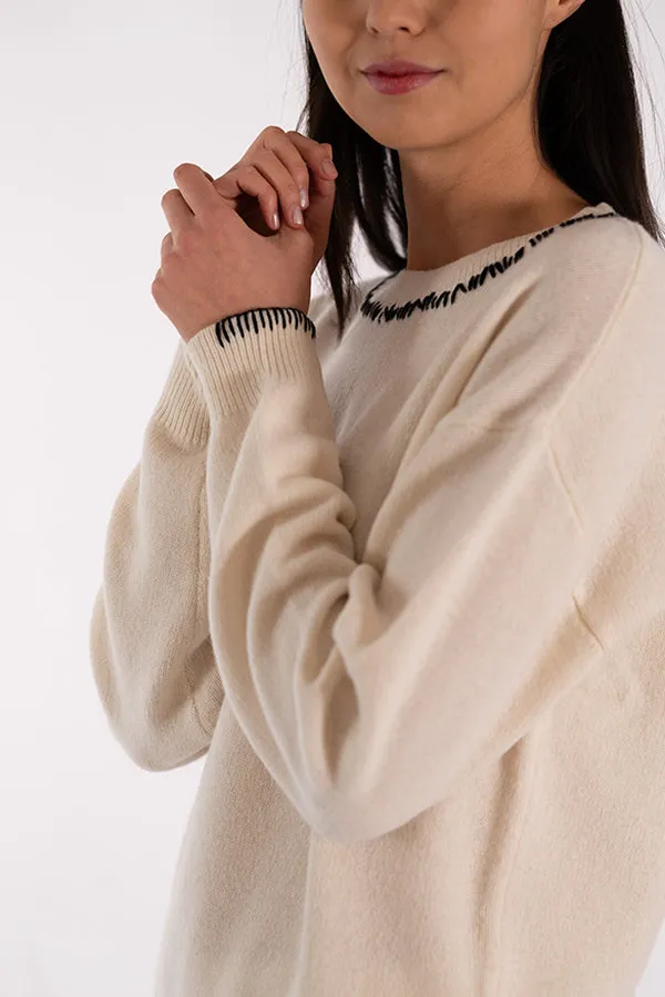 Jeff ERIN CREWNECK STITCHES WHITE SWEATER