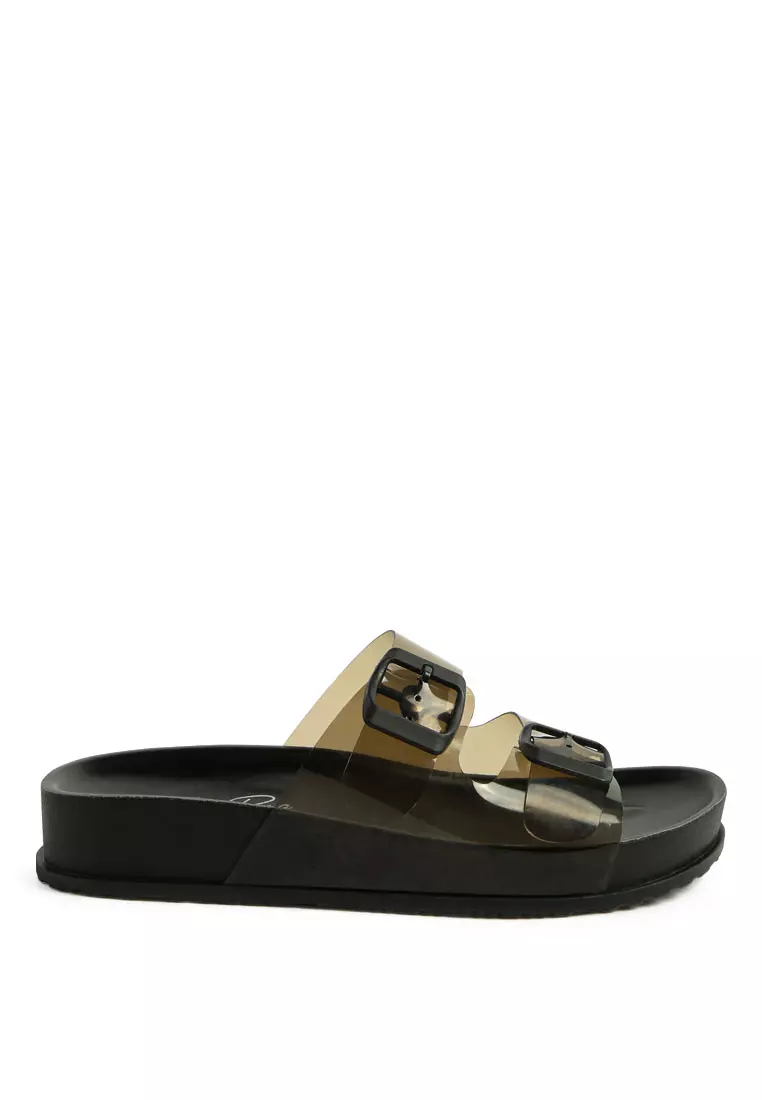 London Rag Black Platform Buckled Slide Sandals