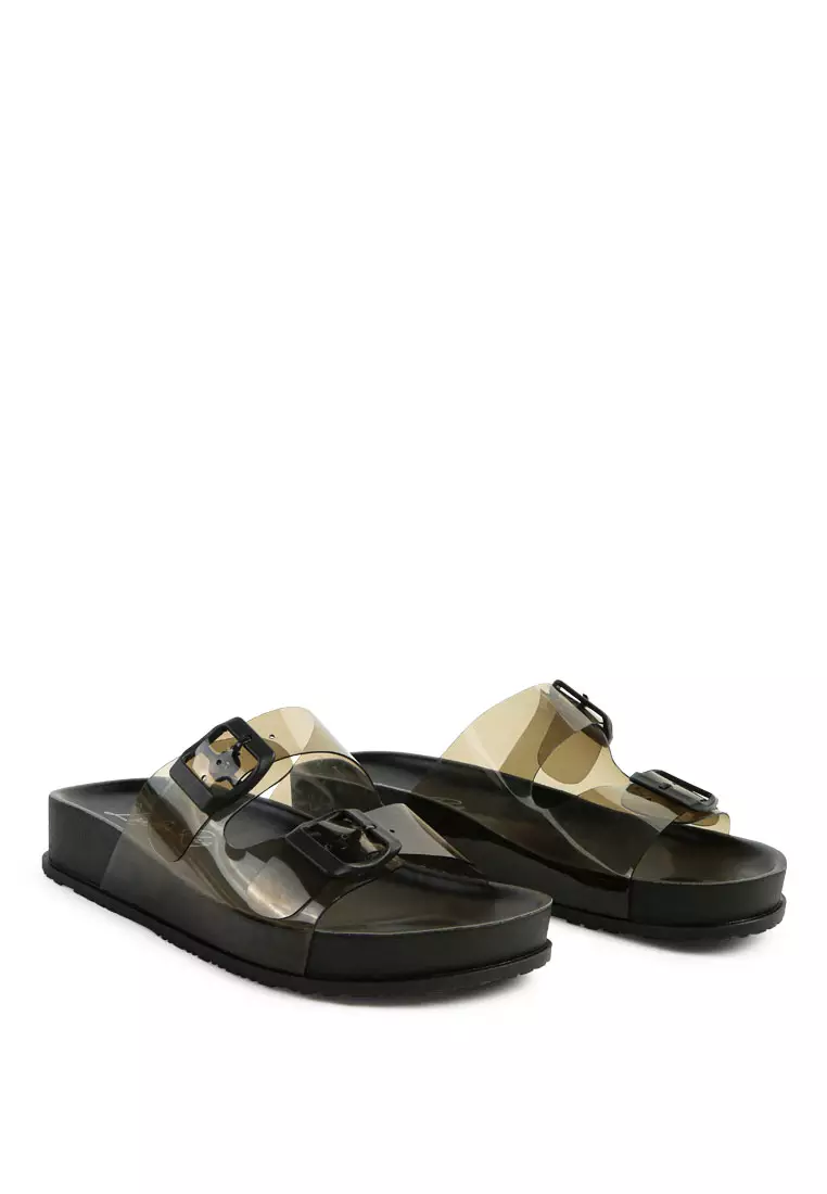 London Rag Black Platform Buckled Slide Sandals