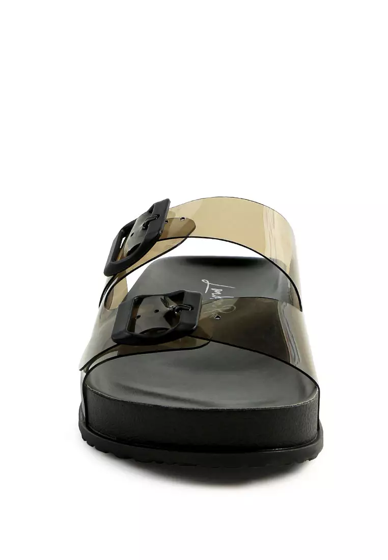 London Rag Black Platform Buckled Slide Sandals