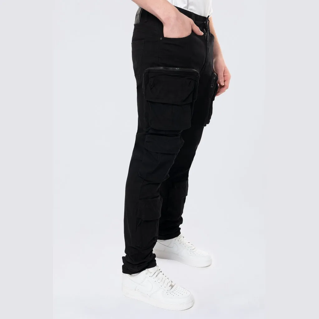 Long Slim 5 Pocket Cargo Twill Pants - Black