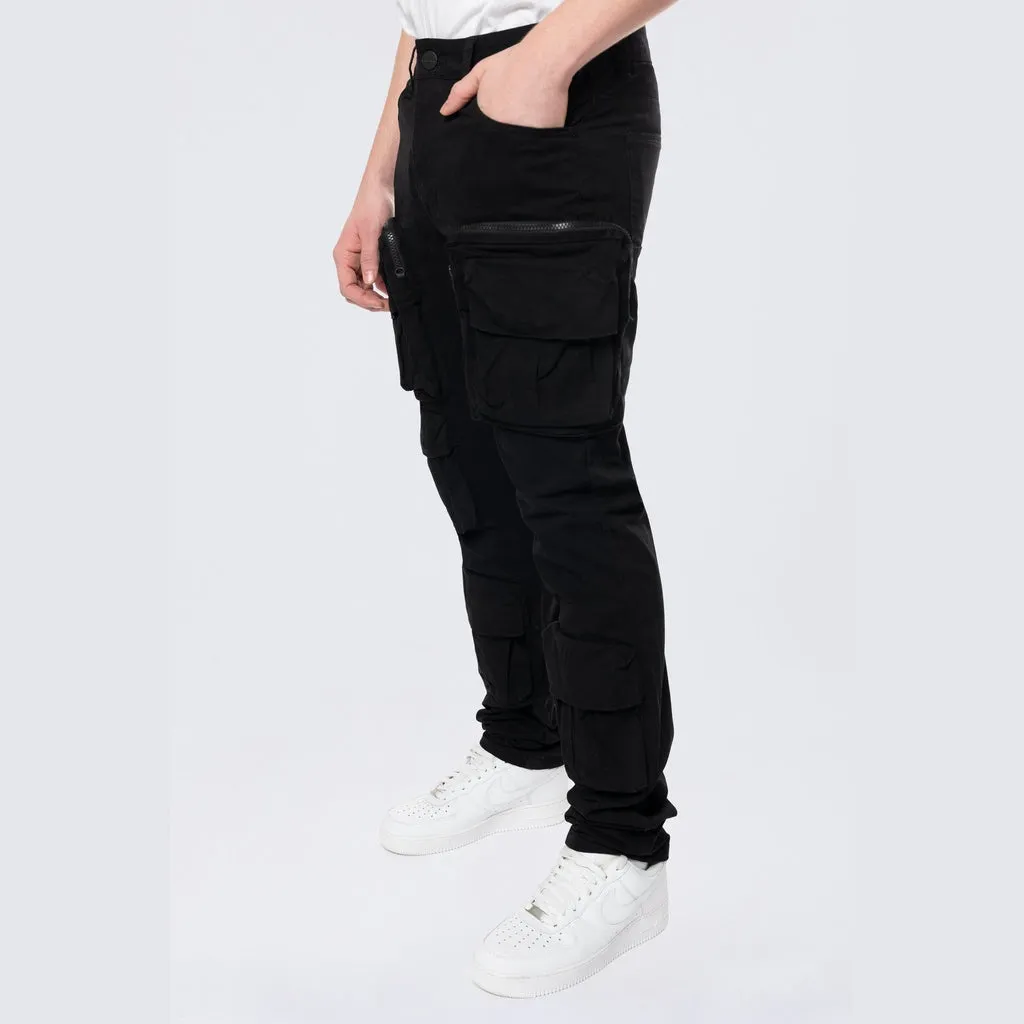 Long Slim 5 Pocket Cargo Twill Pants - Black