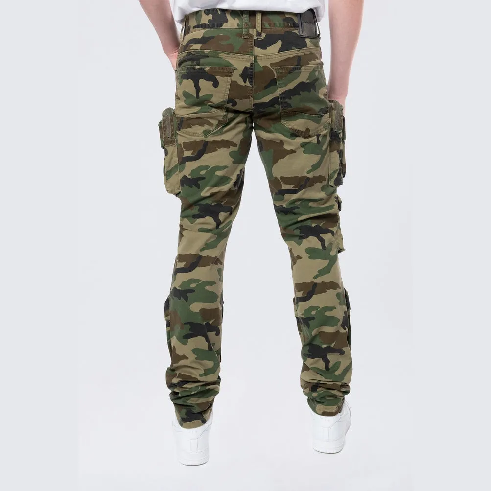 Long Slim 5 Pocket Cargo Twill Pants - Wood Camo