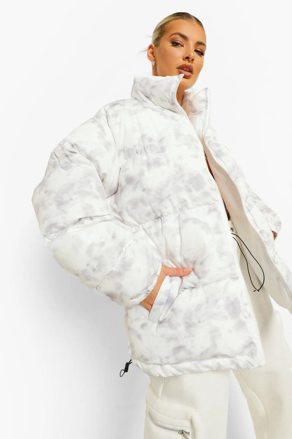 Marble Print Oversized Puffer Jacket