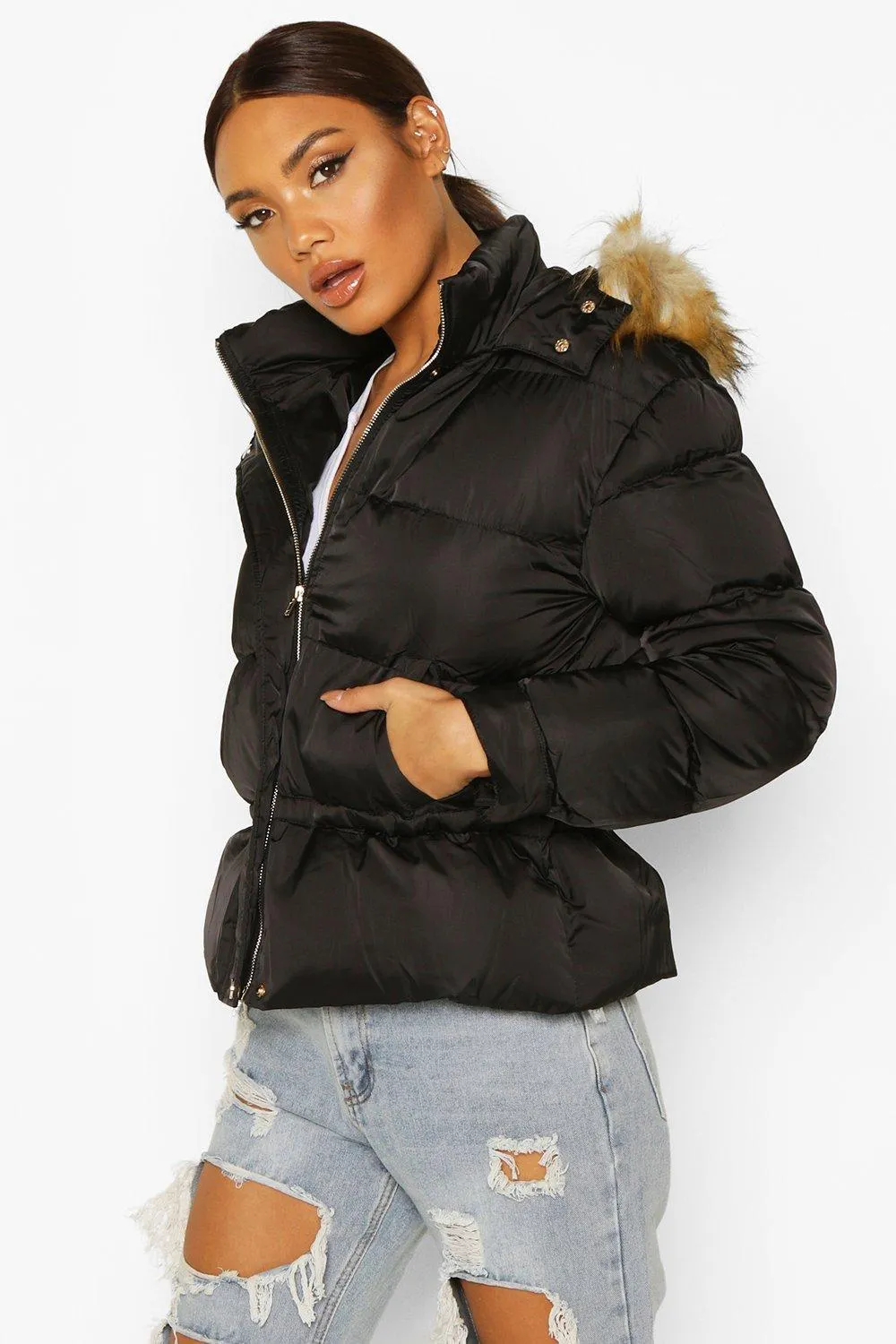 Matte Satin Faux Fur Trim Puffer Jacket