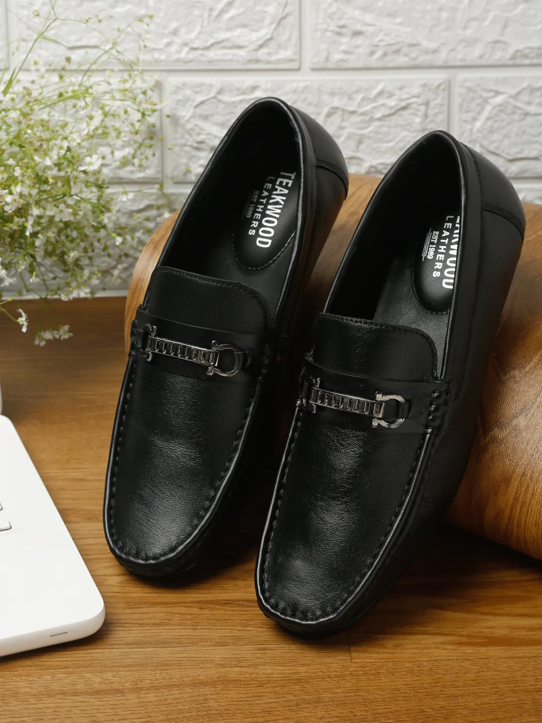 Men Black Solid Leather Formal Loafers