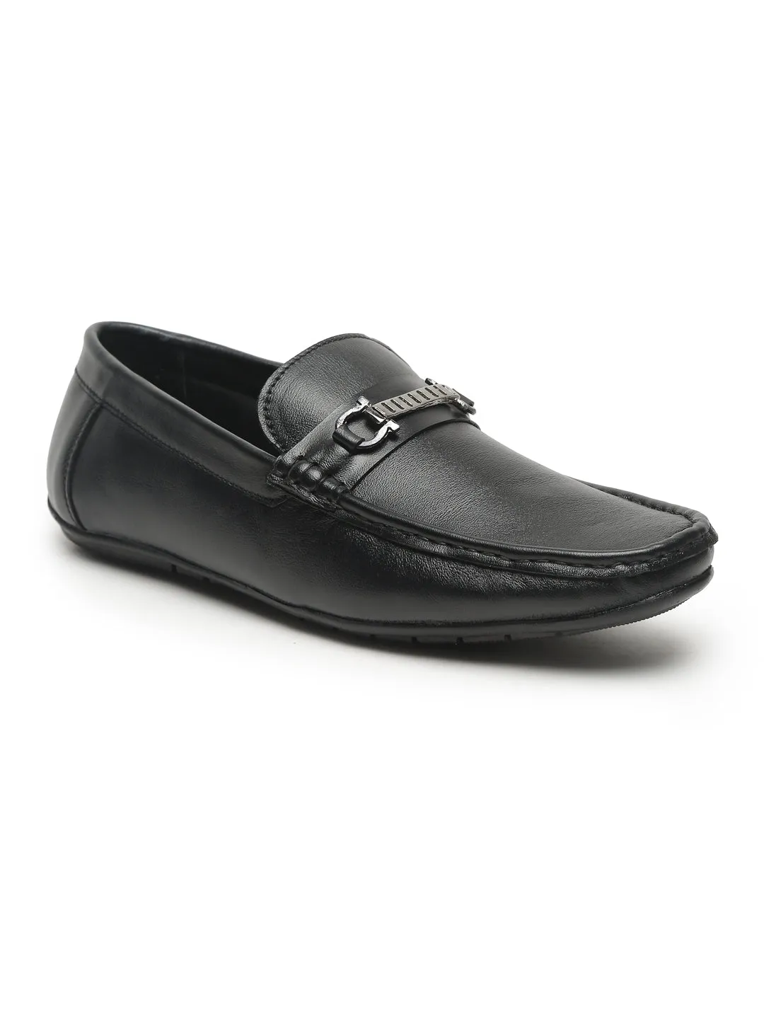 Men Black Solid Leather Formal Loafers