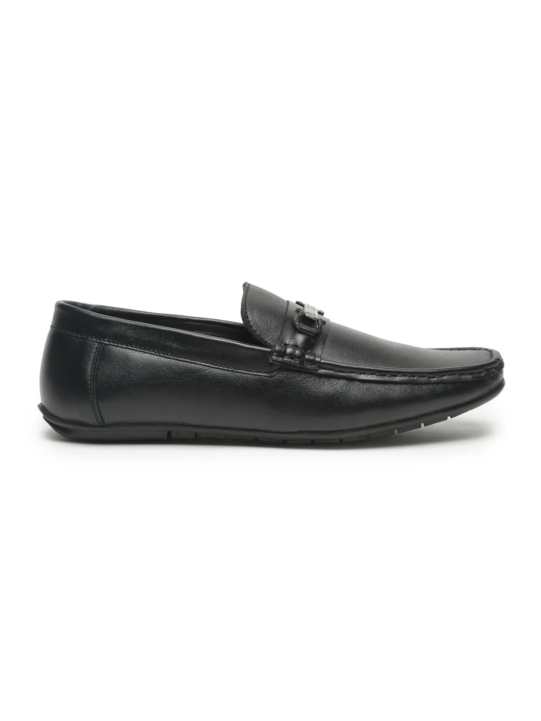 Men Black Solid Leather Formal Loafers