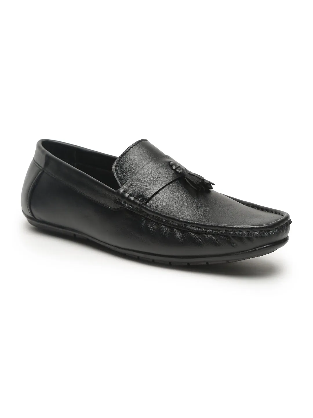 Men Black Solid Leather Formal Tasselled Loafers