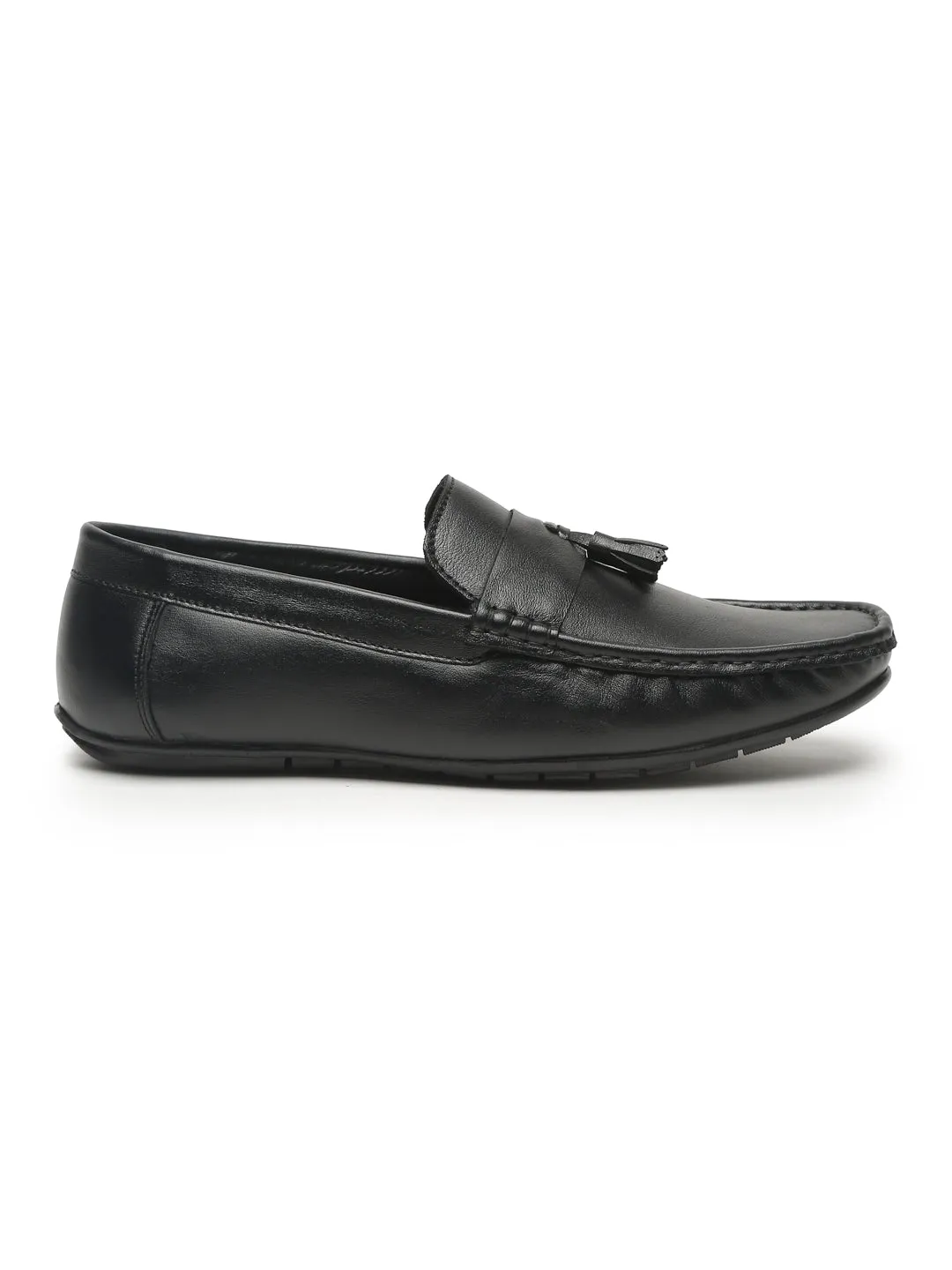 Men Black Solid Leather Formal Tasselled Loafers