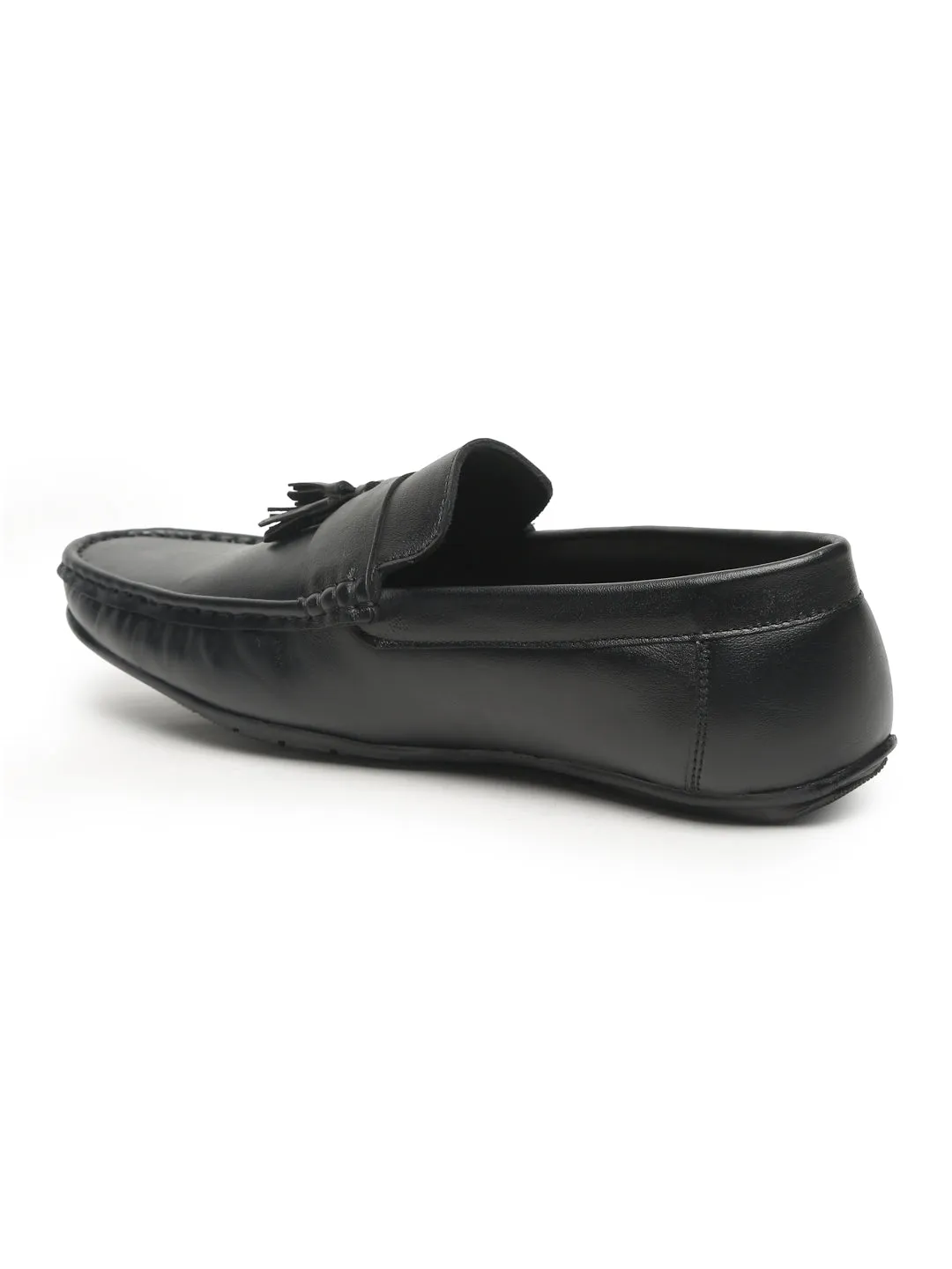 Men Black Solid Leather Formal Tasselled Loafers