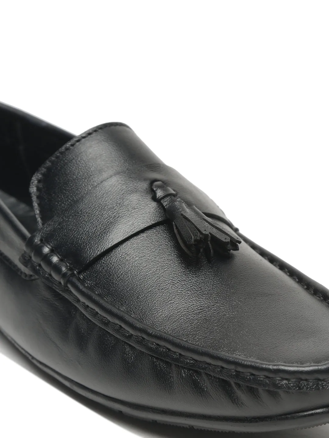 Men Black Solid Leather Formal Tasselled Loafers