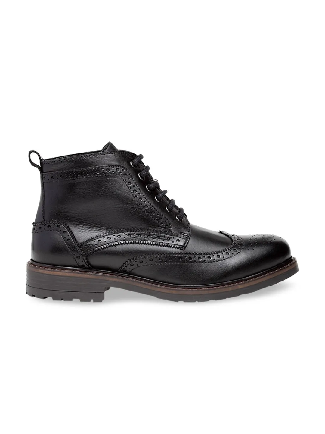 Men Black Solid Leather Round Toe Mid-Top Flat Boots