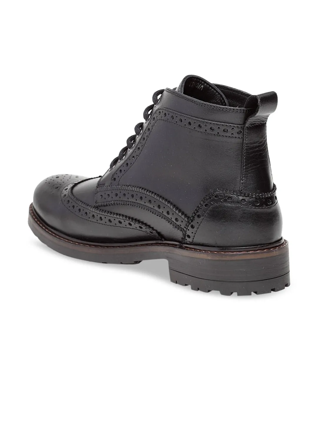 Men Black Solid Leather Round Toe Mid-Top Flat Boots