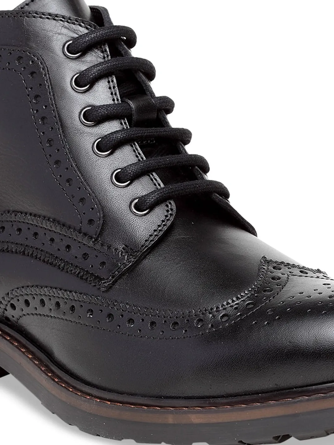 Men Black Solid Leather Round Toe Mid-Top Flat Boots