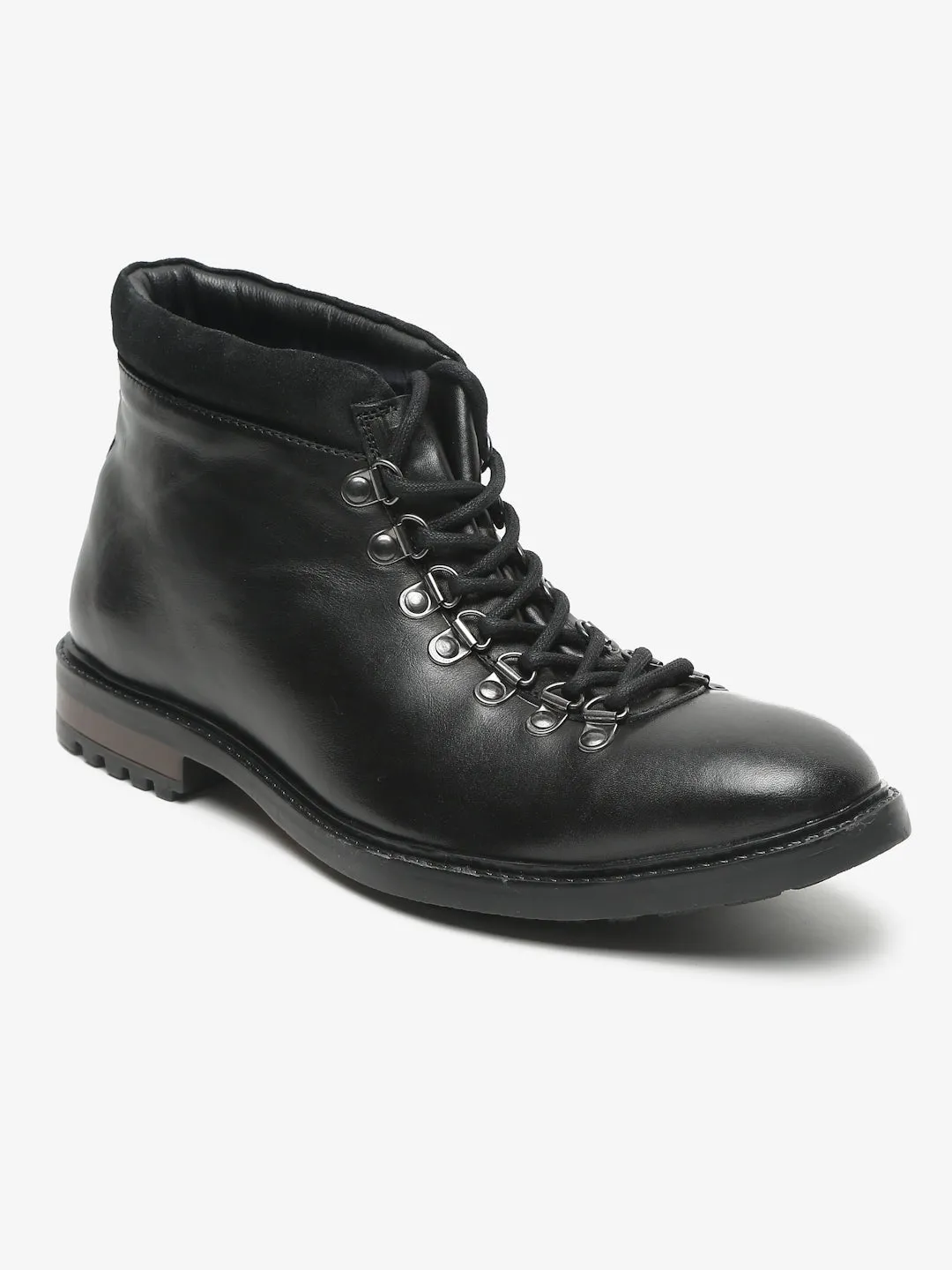 Men Black Solid Mid Top Lace-up Boots