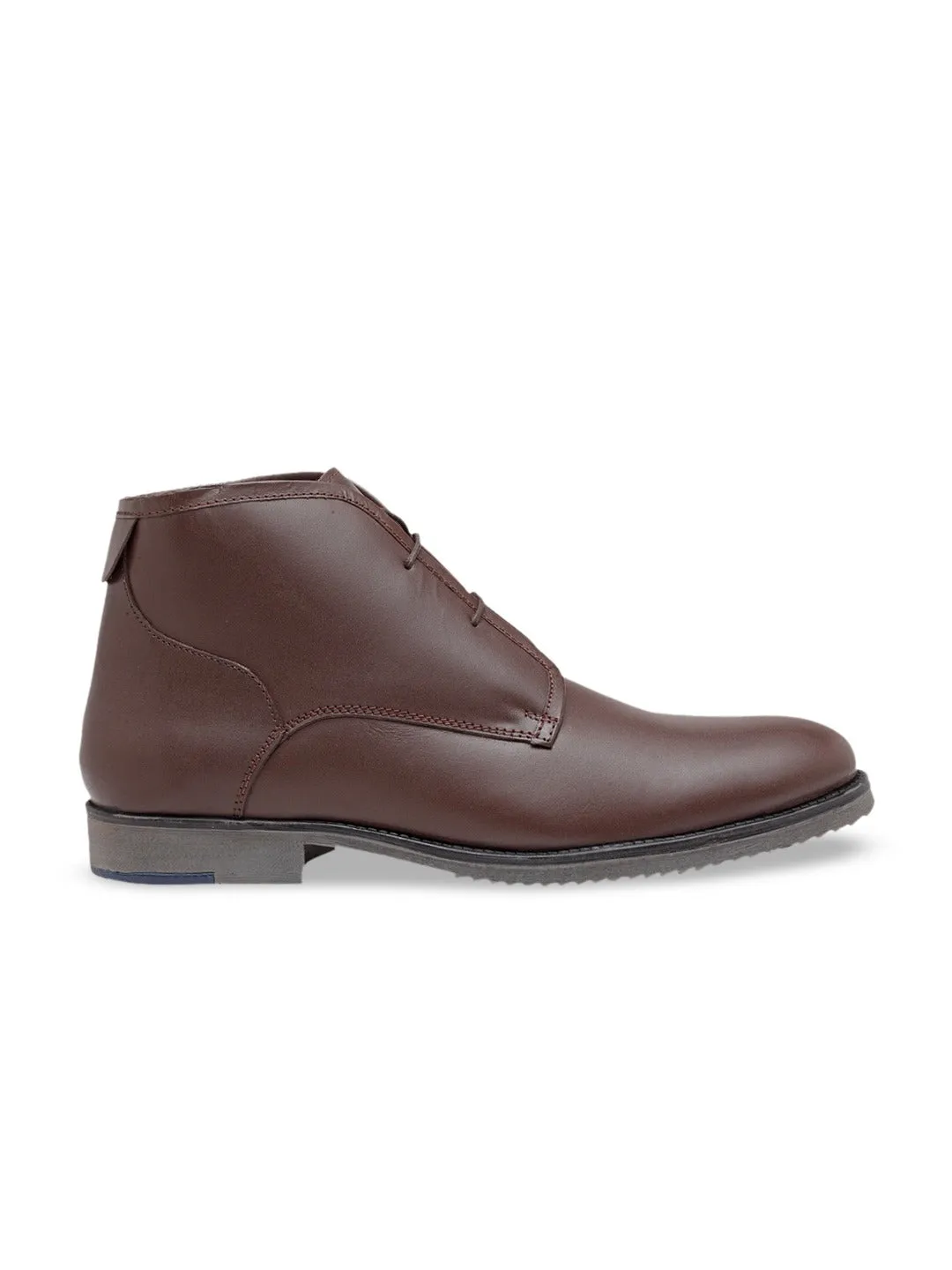 Men Brown Solid Genuine Leather Mid-Top Flat Boots