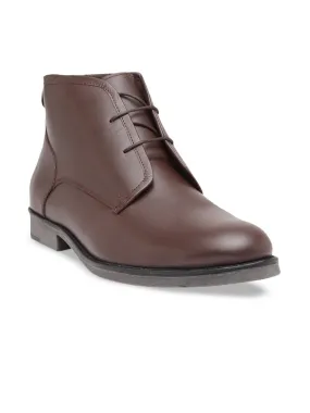 Men Brown Solid Genuine Leather Mid-Top Flat Boots