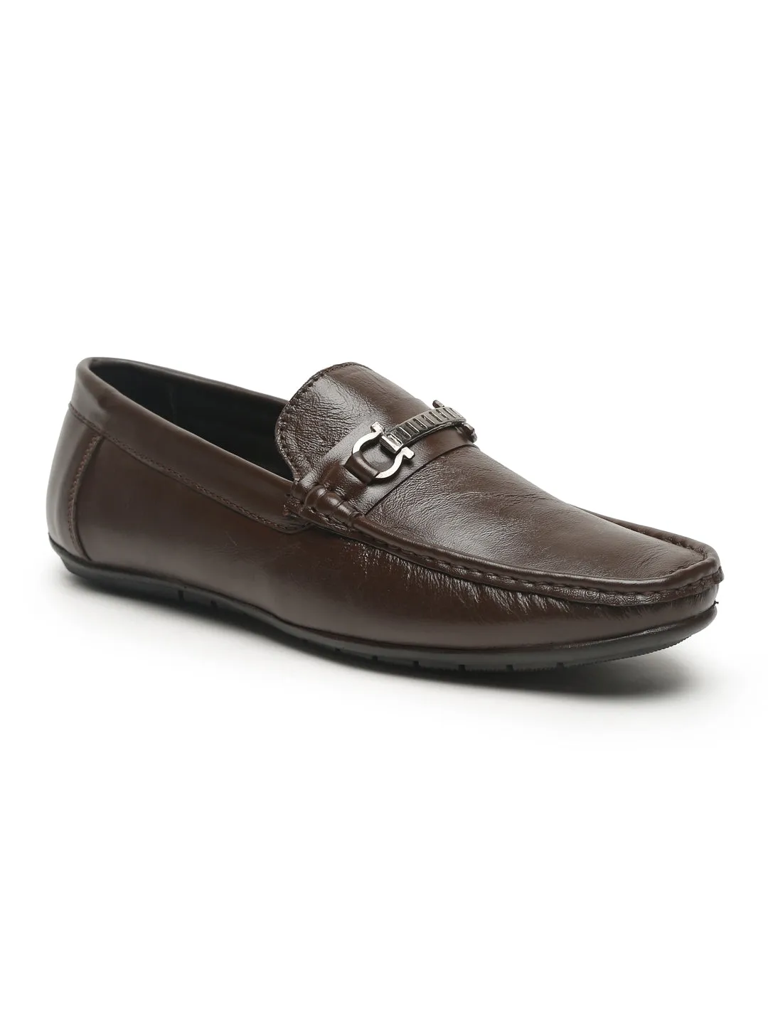 Men Brown Solid Leather Formal Loafers