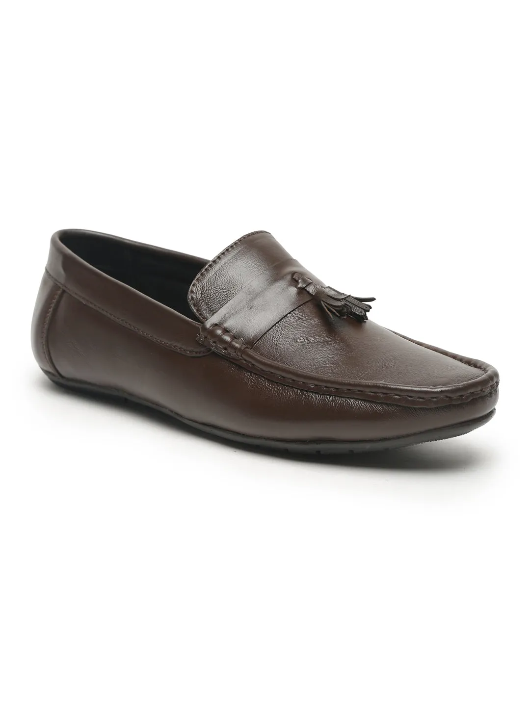 Men Brown Solid Leather Formal Tasselled Loafers