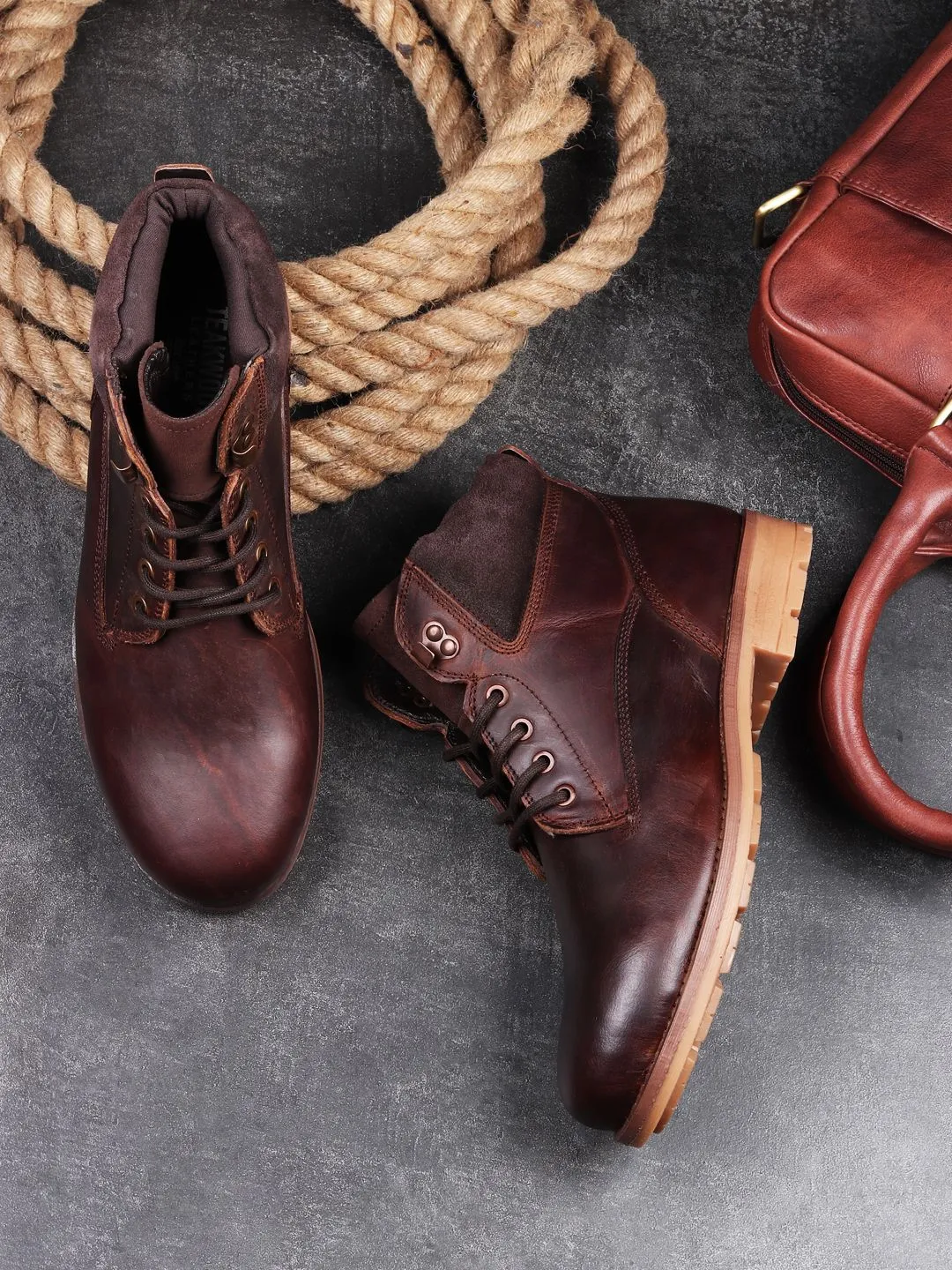 Men Brown Solid Leather Mid-Top Flat Boots