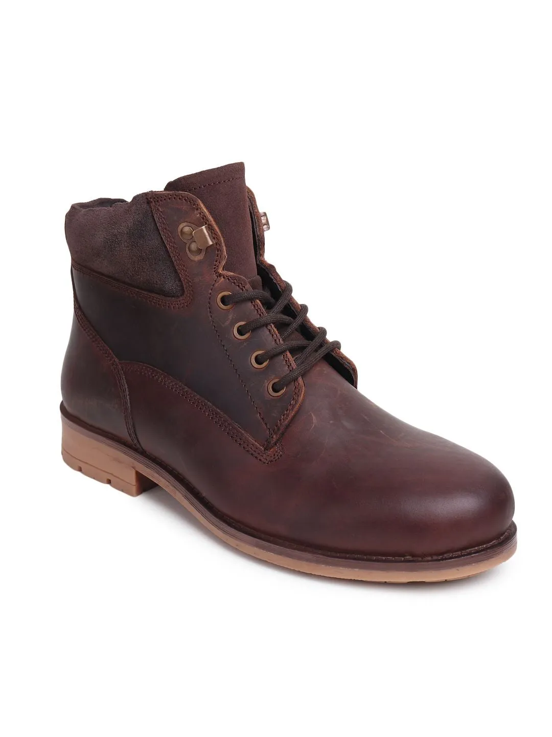 Men Brown Solid Leather Mid-Top Flat Boots