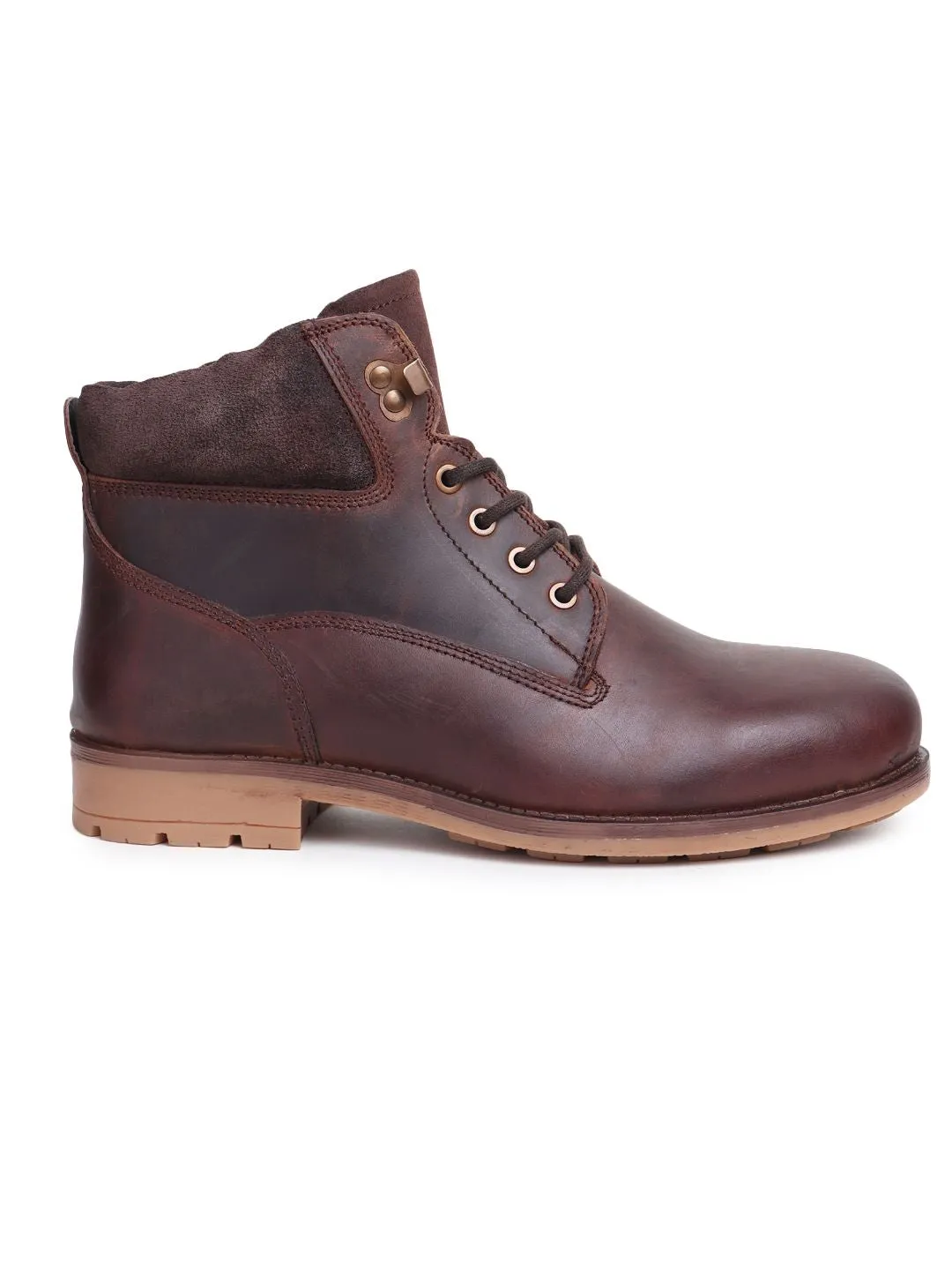 Men Brown Solid Leather Mid-Top Flat Boots