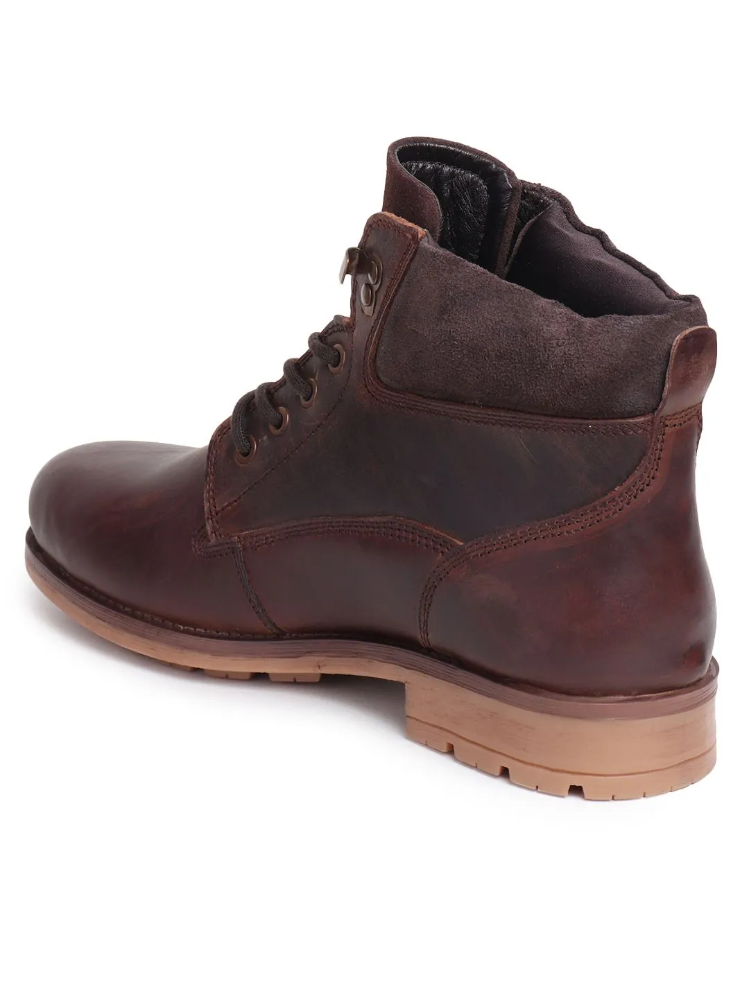 Men Brown Solid Leather Mid-Top Flat Boots