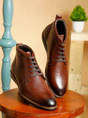 Men Brown Solid Leather Round Toe Mid Top Flat Boots