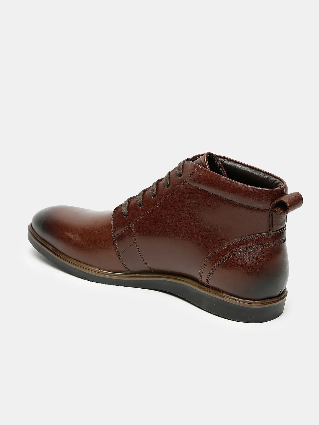 Men Brown Solid Leather Round Toe Mid Top Flat Boots