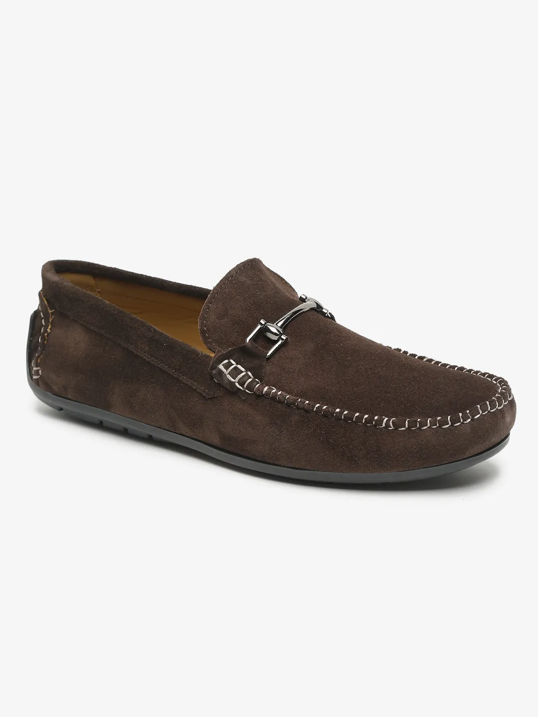 Men Brown Solid Suede Casual Loafers