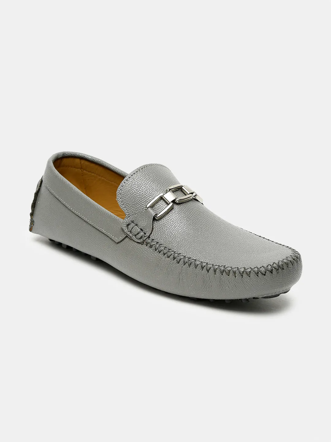 Men Grey Solid Genuine Leather Loafers