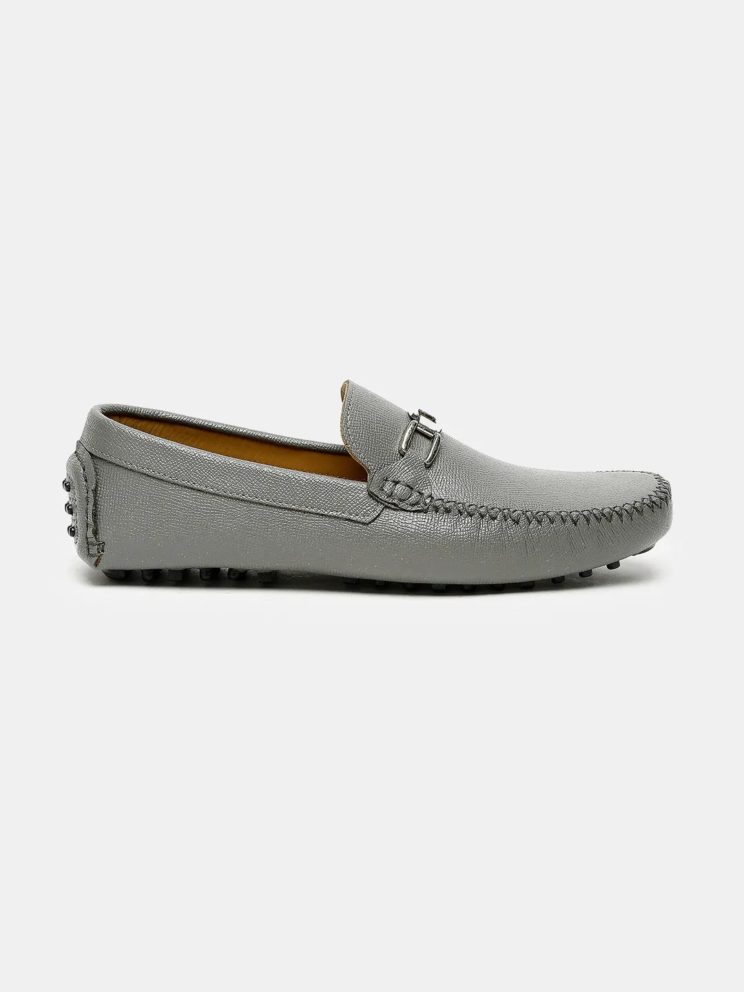 Men Grey Solid Genuine Leather Loafers