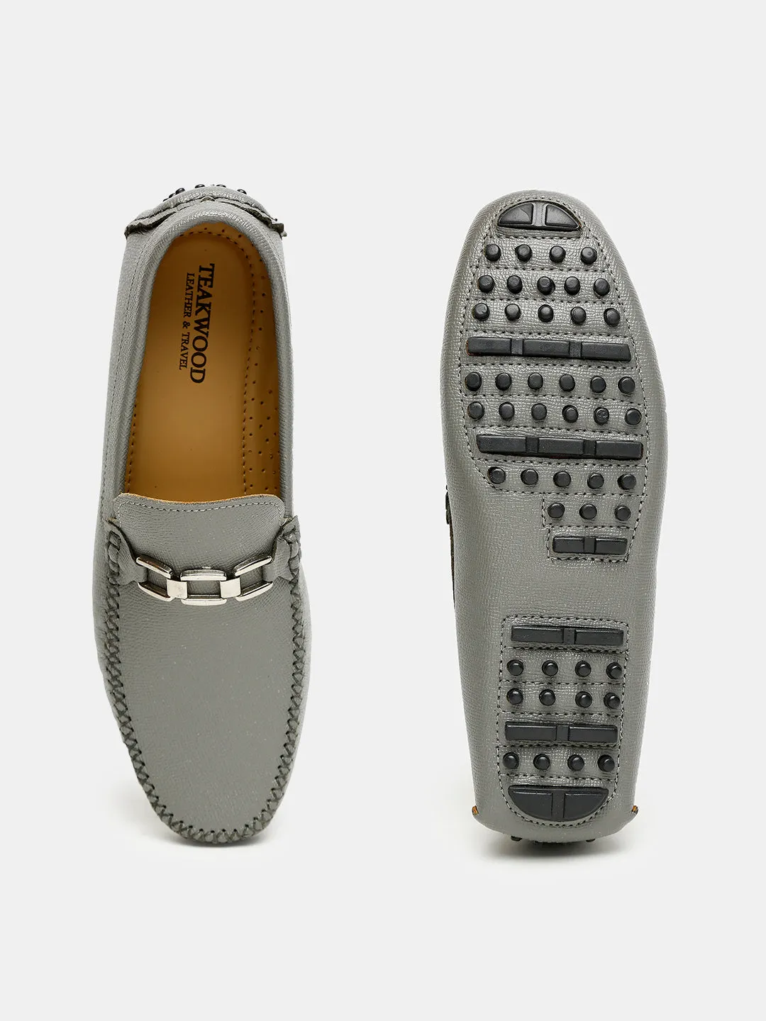 Men Grey Solid Genuine Leather Loafers