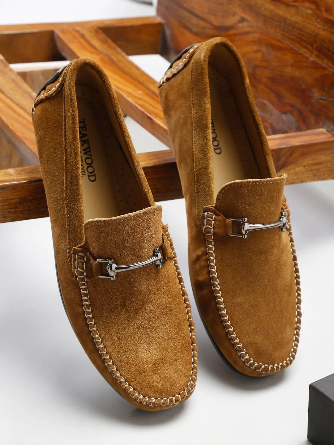 Men Tan Solid Suede Casual Loafers