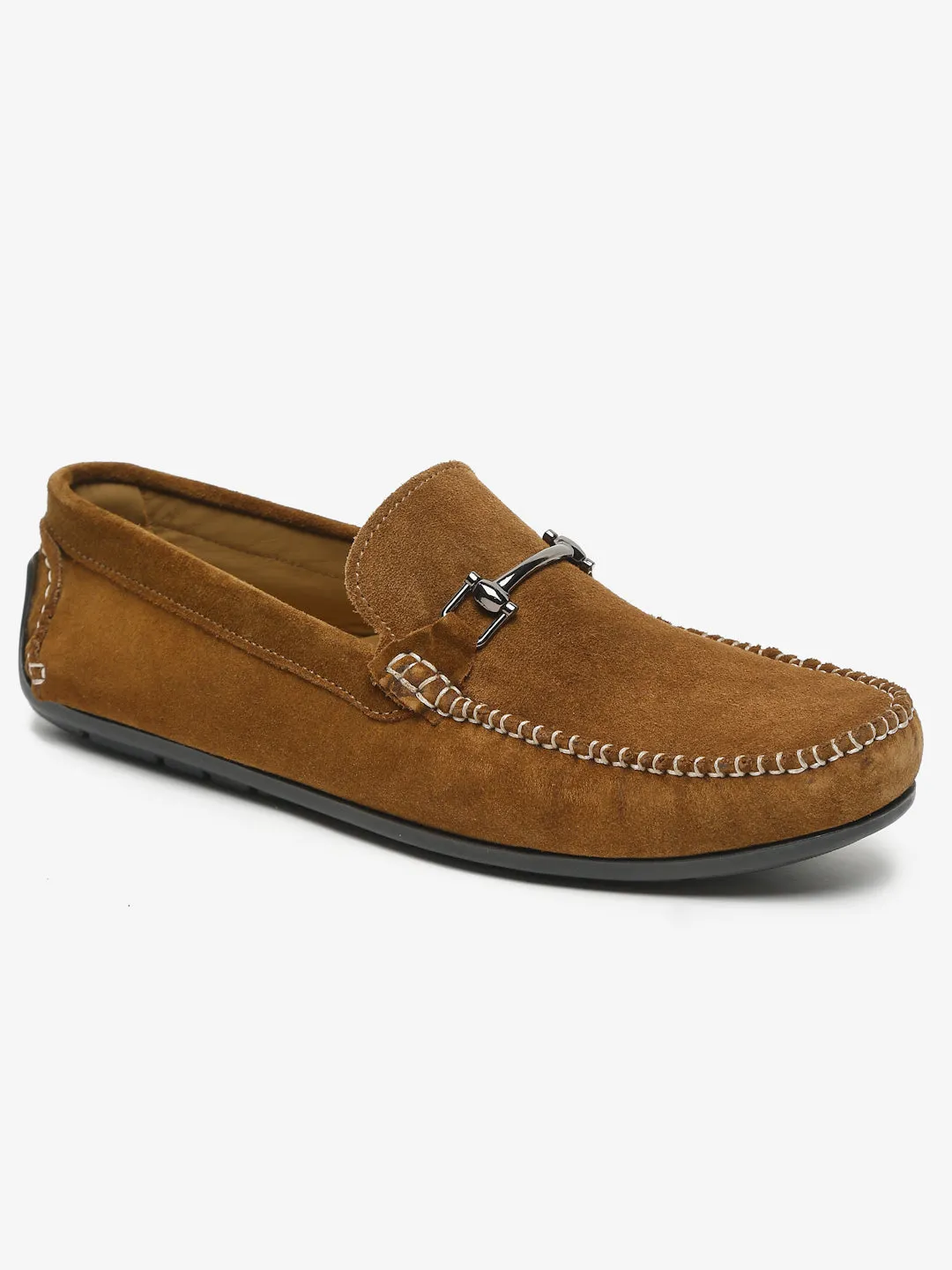 Men Tan Solid Suede Casual Loafers