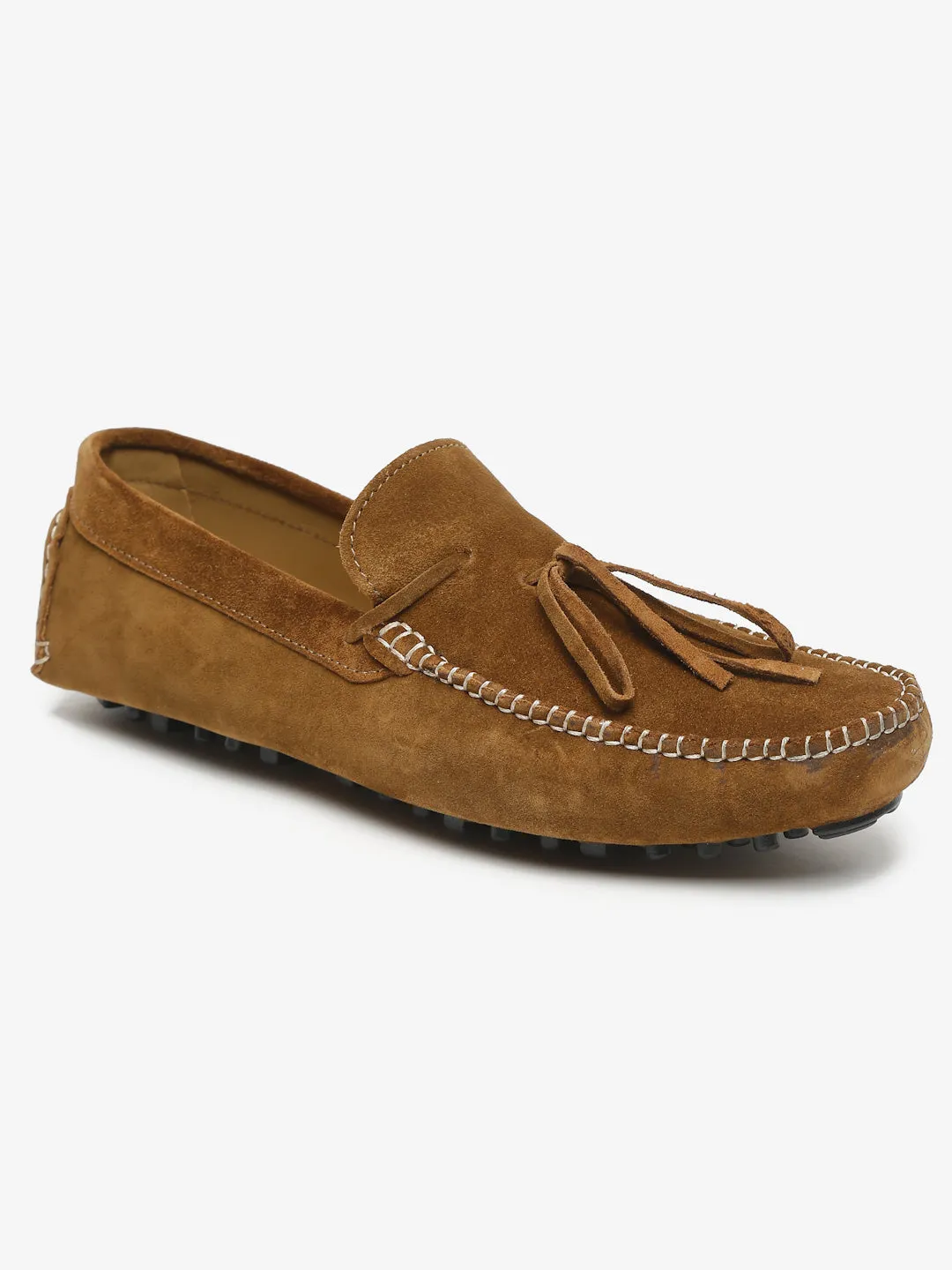 Men Tan Solid Suede Tasselled Loafers